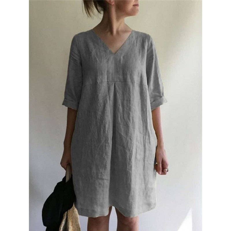 Casual Loose V-Neck Solid Color Dress: YELLOW Small