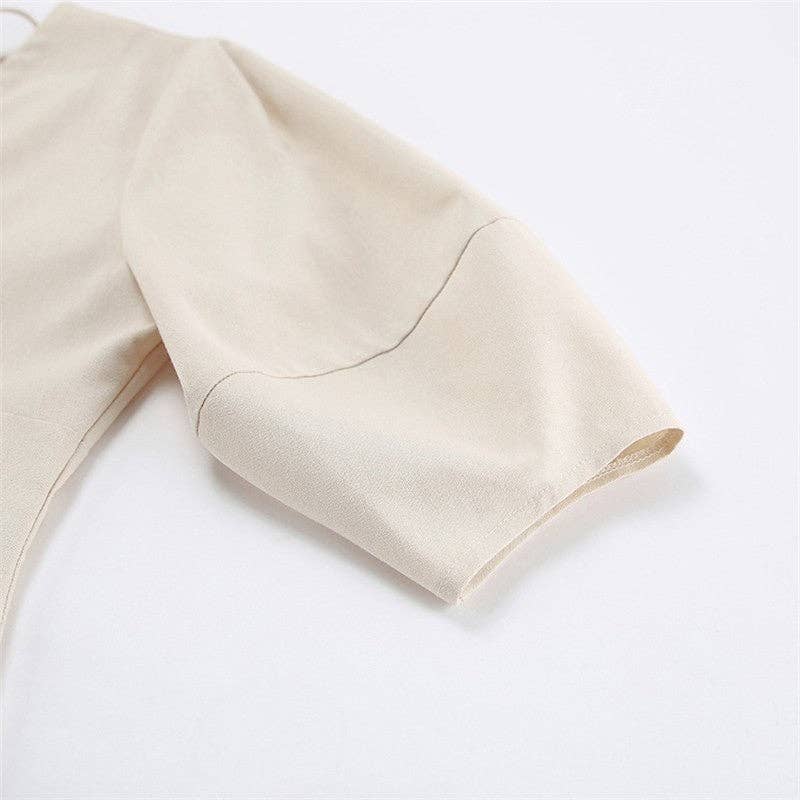 Casual Loose V-Neck Bubble Sleeve Maxi Dress: CREAMY / S