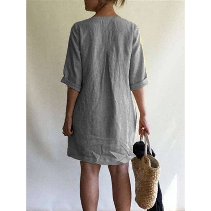 Casual Loose V-Neck Solid Color Dress: BLACK / S