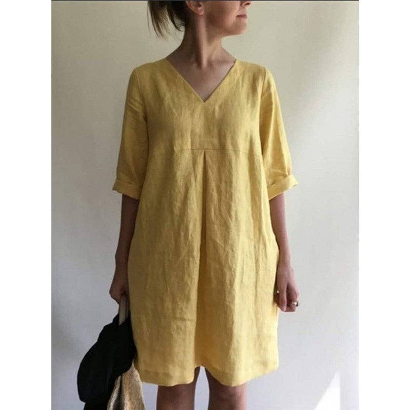 Casual Loose V-Neck Solid Color Dress: YELLOW Small