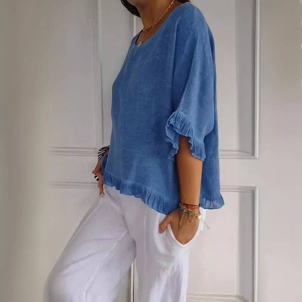 Cotton Linen Short Sleeve Shirt: BLUE / M
