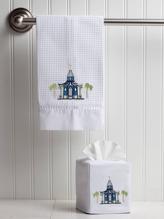 Tissue Box Cover, Linen/Cotton, Embroidered: Monkey & Umbrella (Blue)