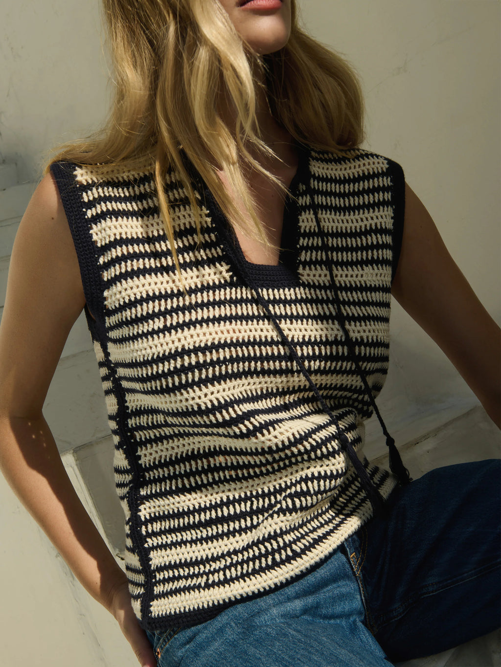 Priscilla Crochet Tank Navy Stripe