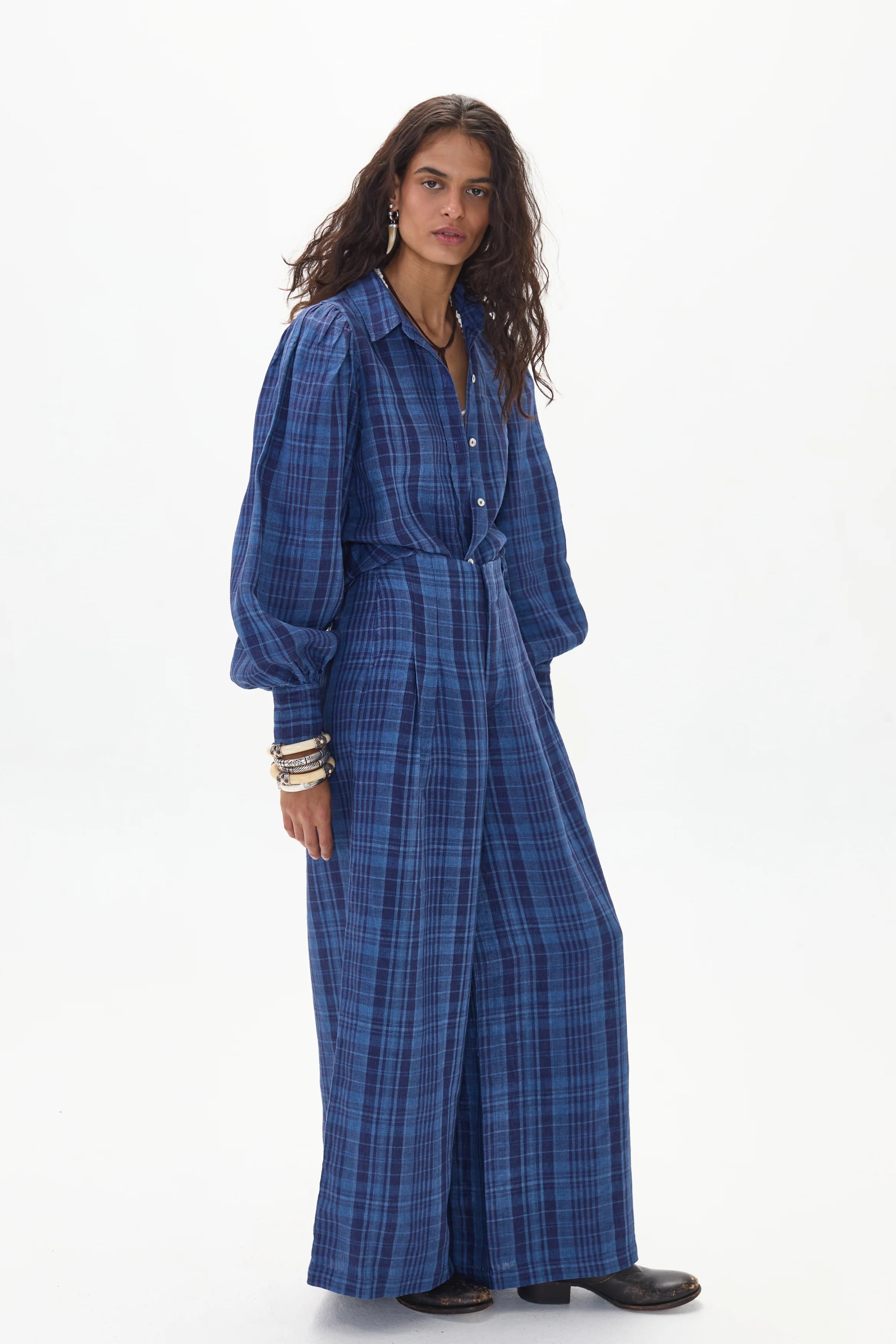 Camille Linen Shirt Ocean Checks