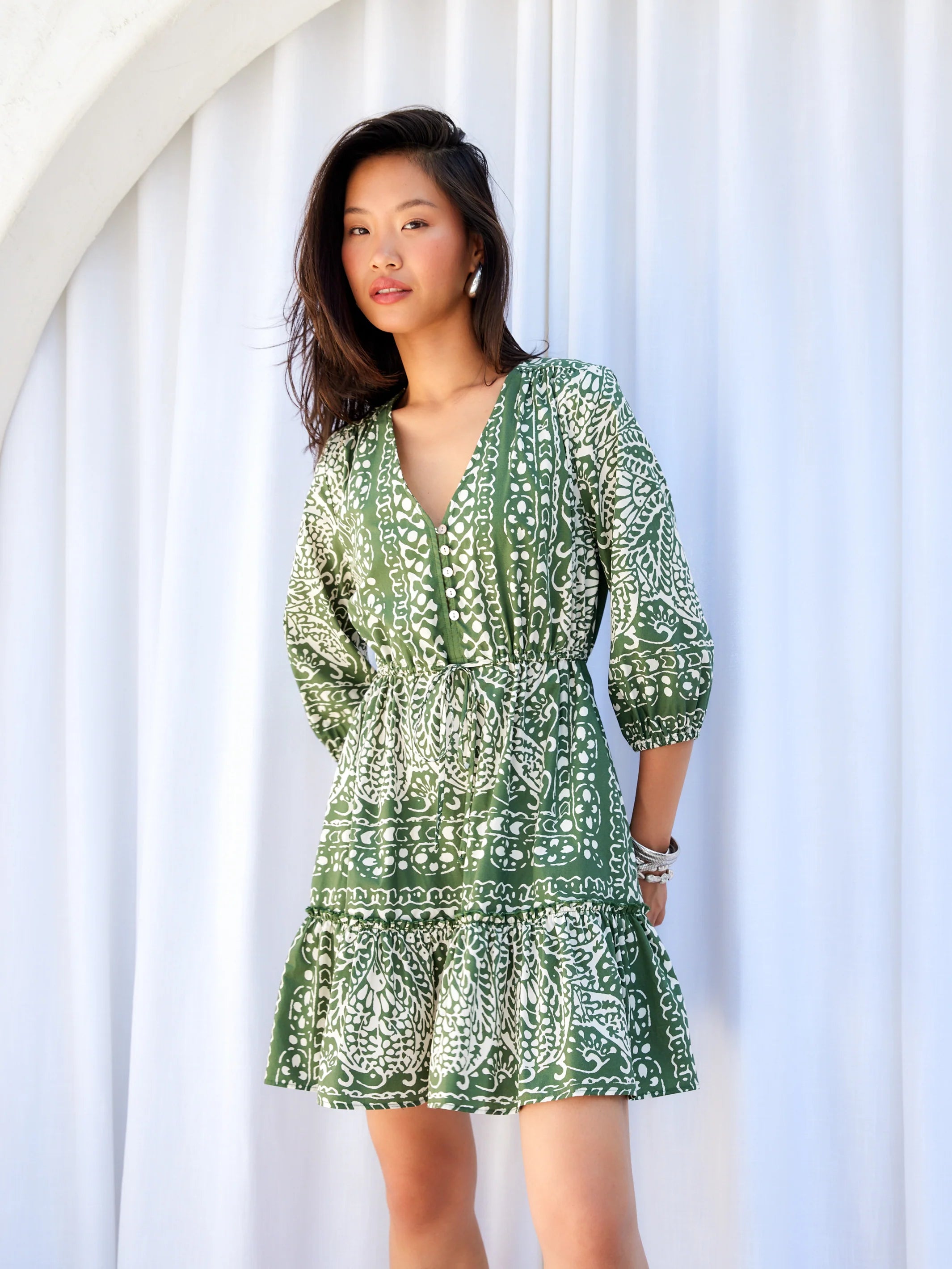 Tasha Tiered Dress Green and Ecru