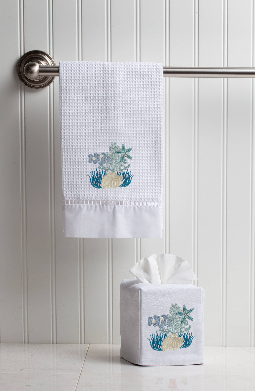 Tissue Box Cover, Linen/Cotton, Embroidered: Monkey & Umbrella (Blue)