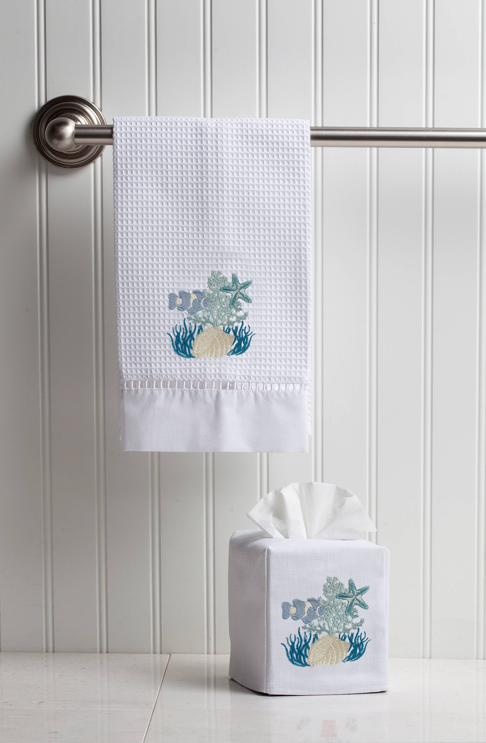 Tissue Box Cover, Linen/Cotton, Embroidered: Monkey & Umbrella (Blue)