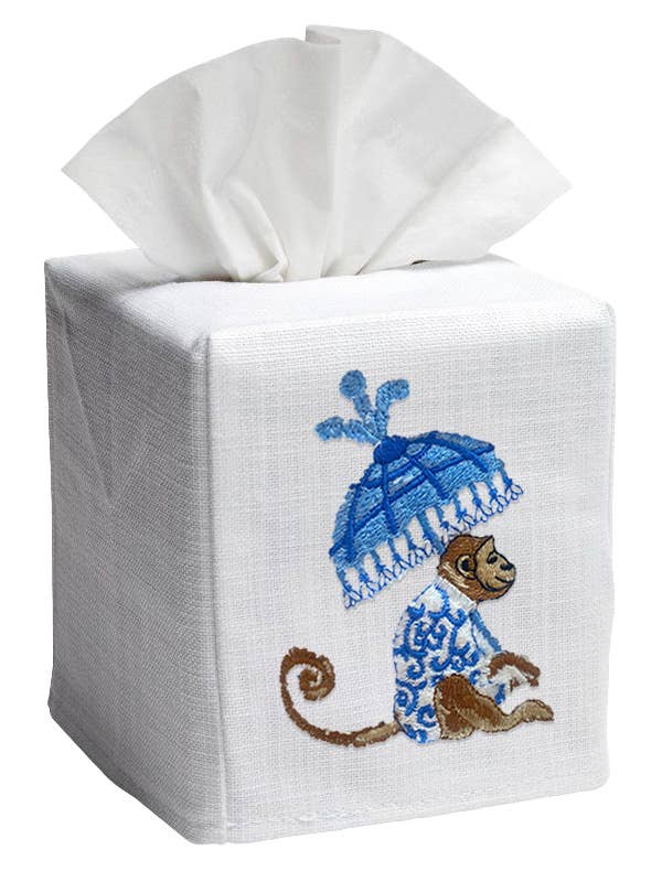 Tissue Box Cover, Linen/Cotton, Embroidered: Monkey & Umbrella (Blue)
