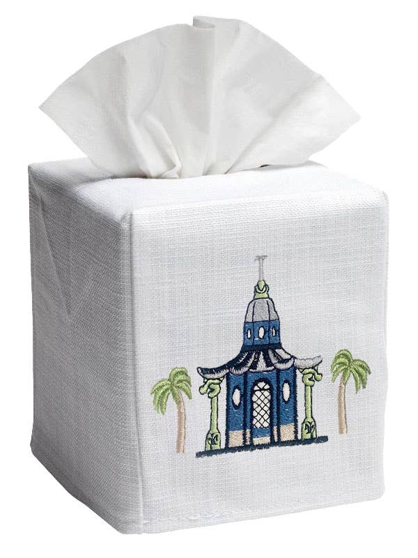 Tissue Box Cover, Linen/Cotton, Embroidered: Monkey & Umbrella (Blue)