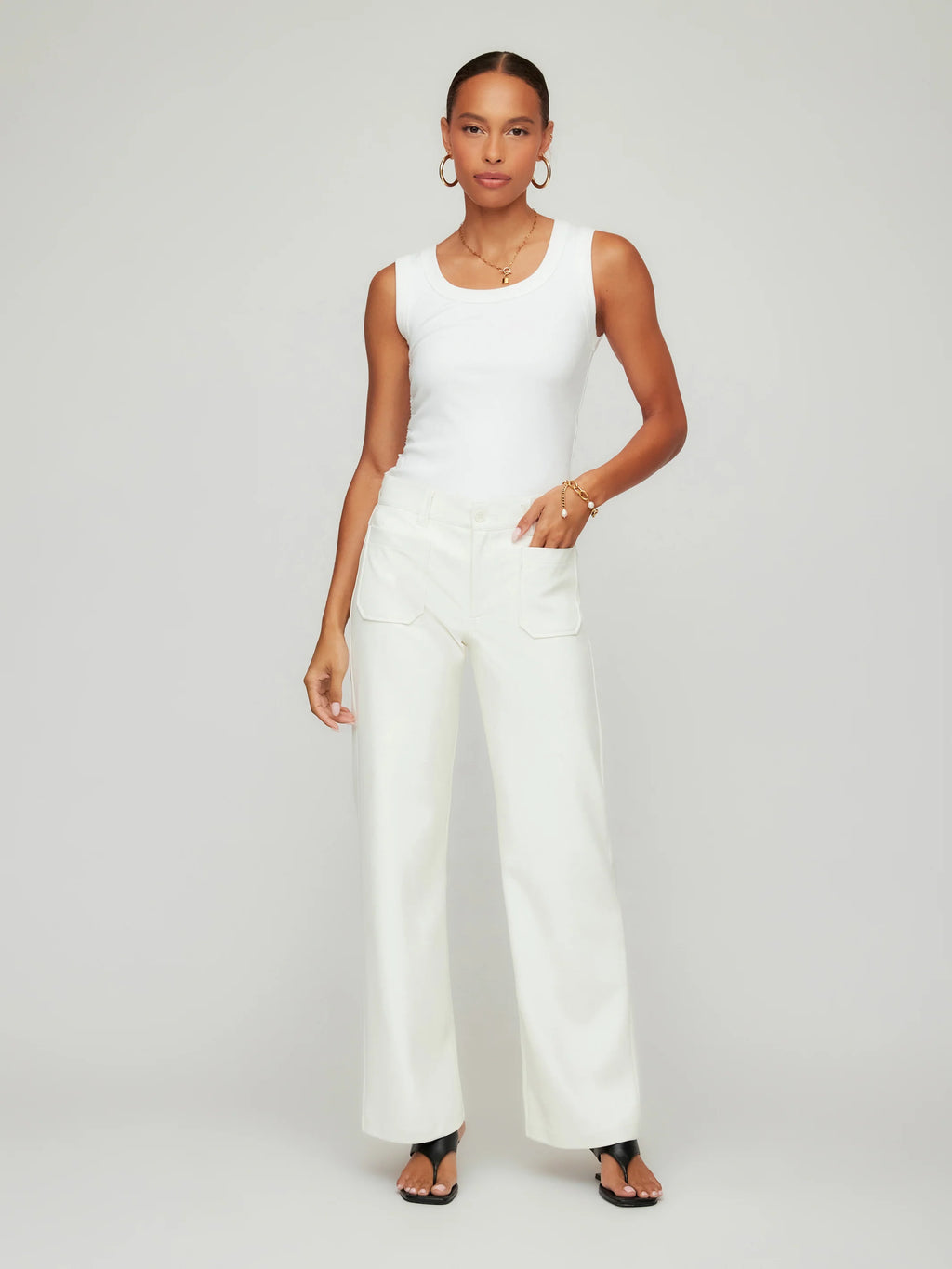 Faux Leather Ivory Wide Leg Pant