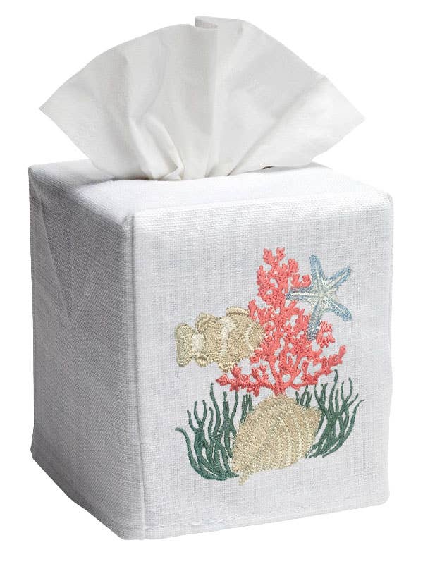 Tissue Box Cover, Linen/Cotton, Embroidered: Monkey & Umbrella (Blue)
