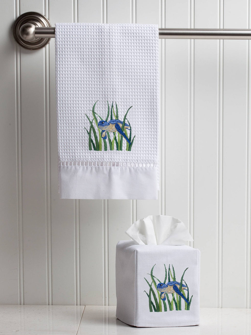 Tissue Box Cover, Linen/Cotton, Embroidered: Monkey & Umbrella (Blue)