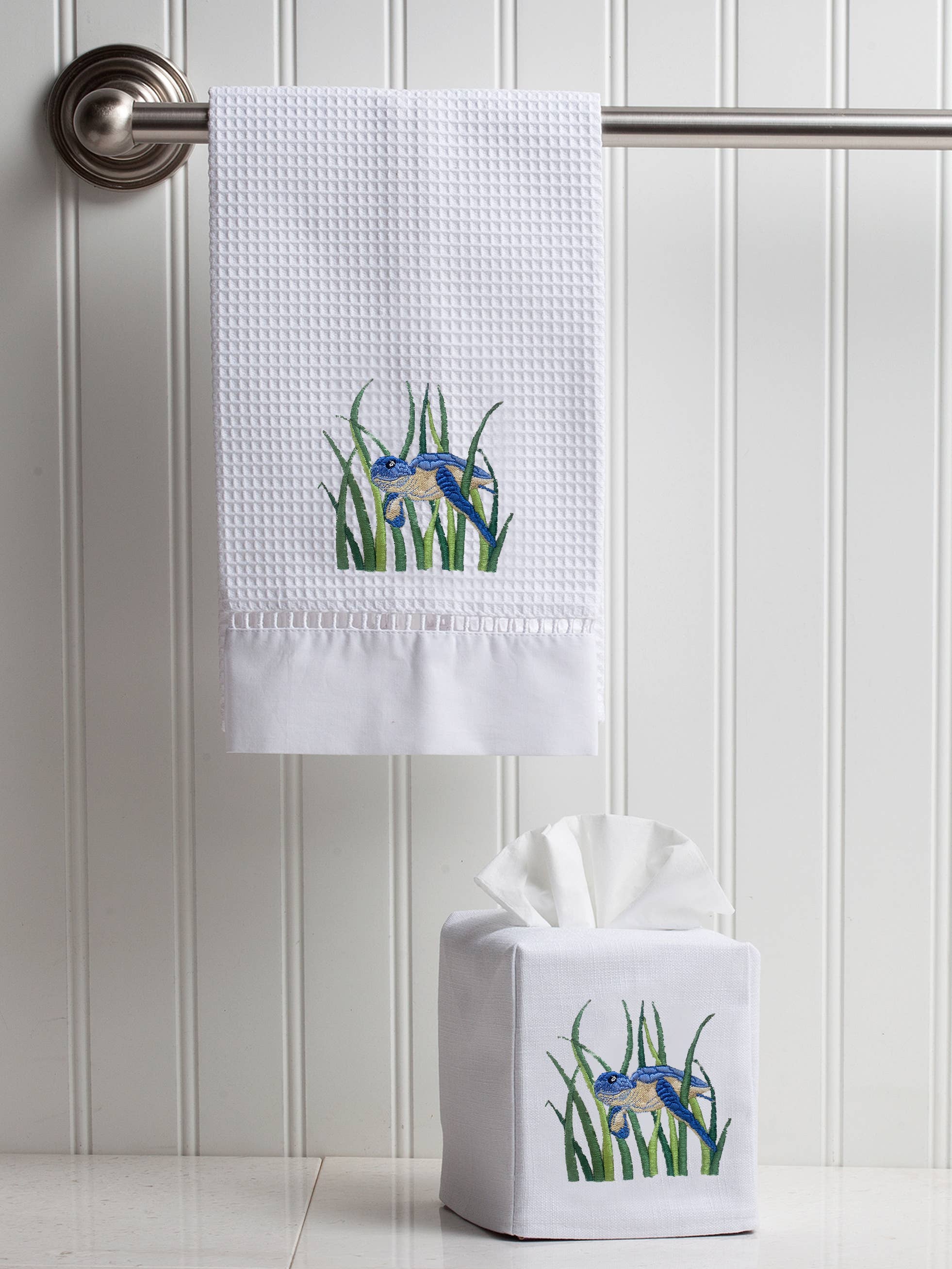 Tissue Box Cover, Linen/Cotton, Embroidered: Monkey & Umbrella (Blue)