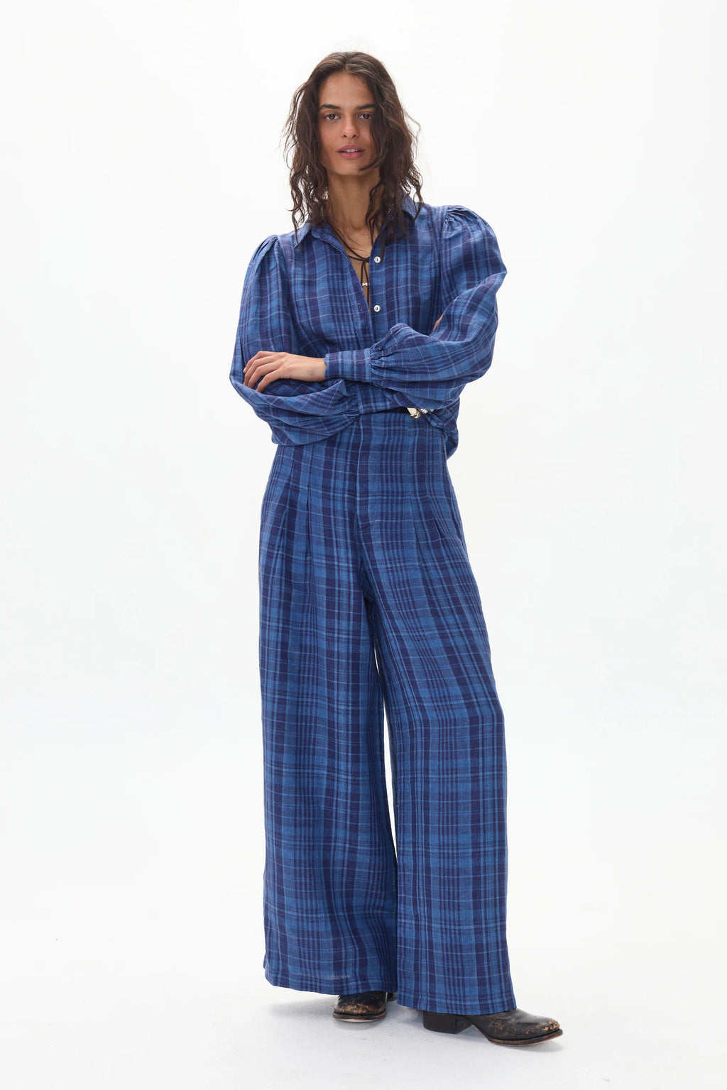 Camille Linen Shirt Ocean Checks