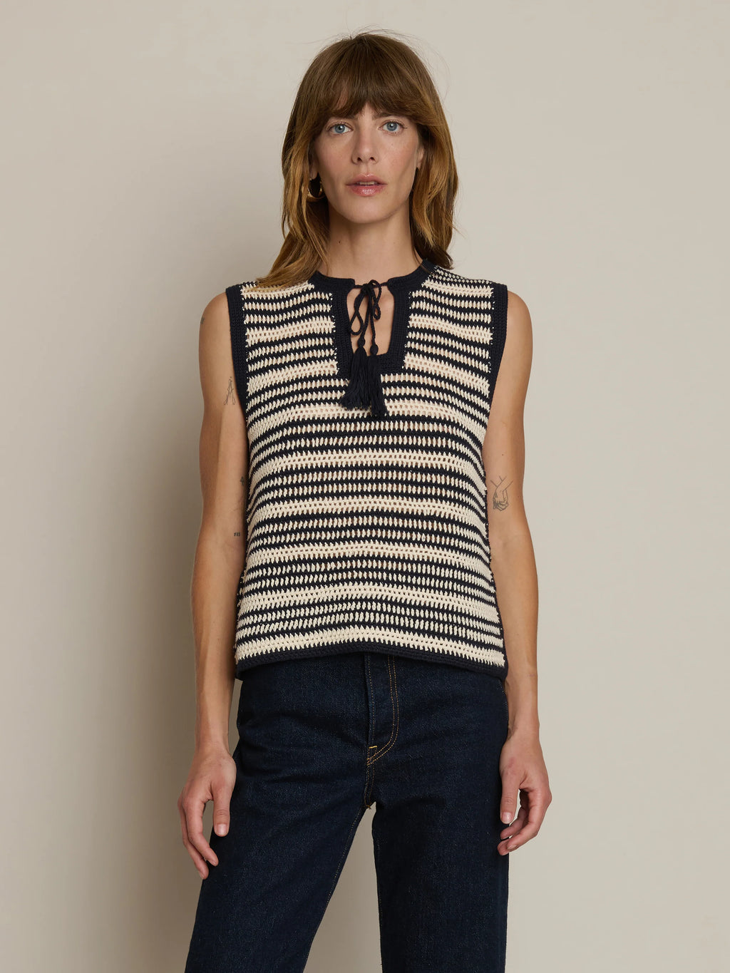 Priscilla Crochet Tank Navy Stripe