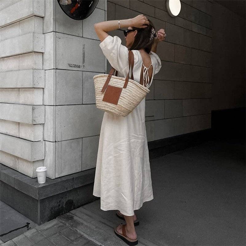 Casual Loose V-Neck Bubble Sleeve Maxi Dress: CREAMY / S