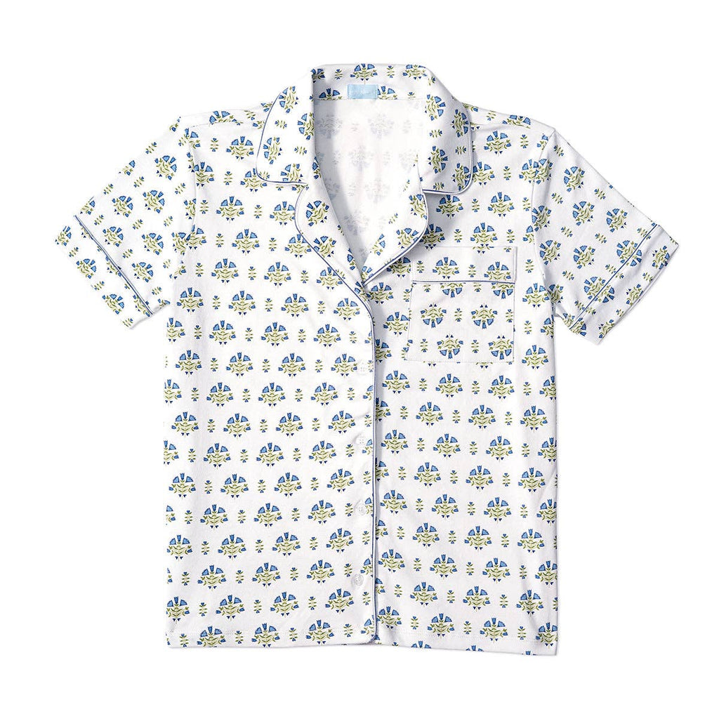 Lyre Flower Block PrintWomen’s Button Front Short Pajama Set: Lyre Flower Block - Green / S