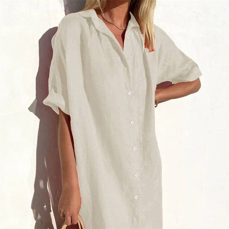 Casual Loose Fit Short Sleeve Shirt Dress In Solid Color: WHITE / XS