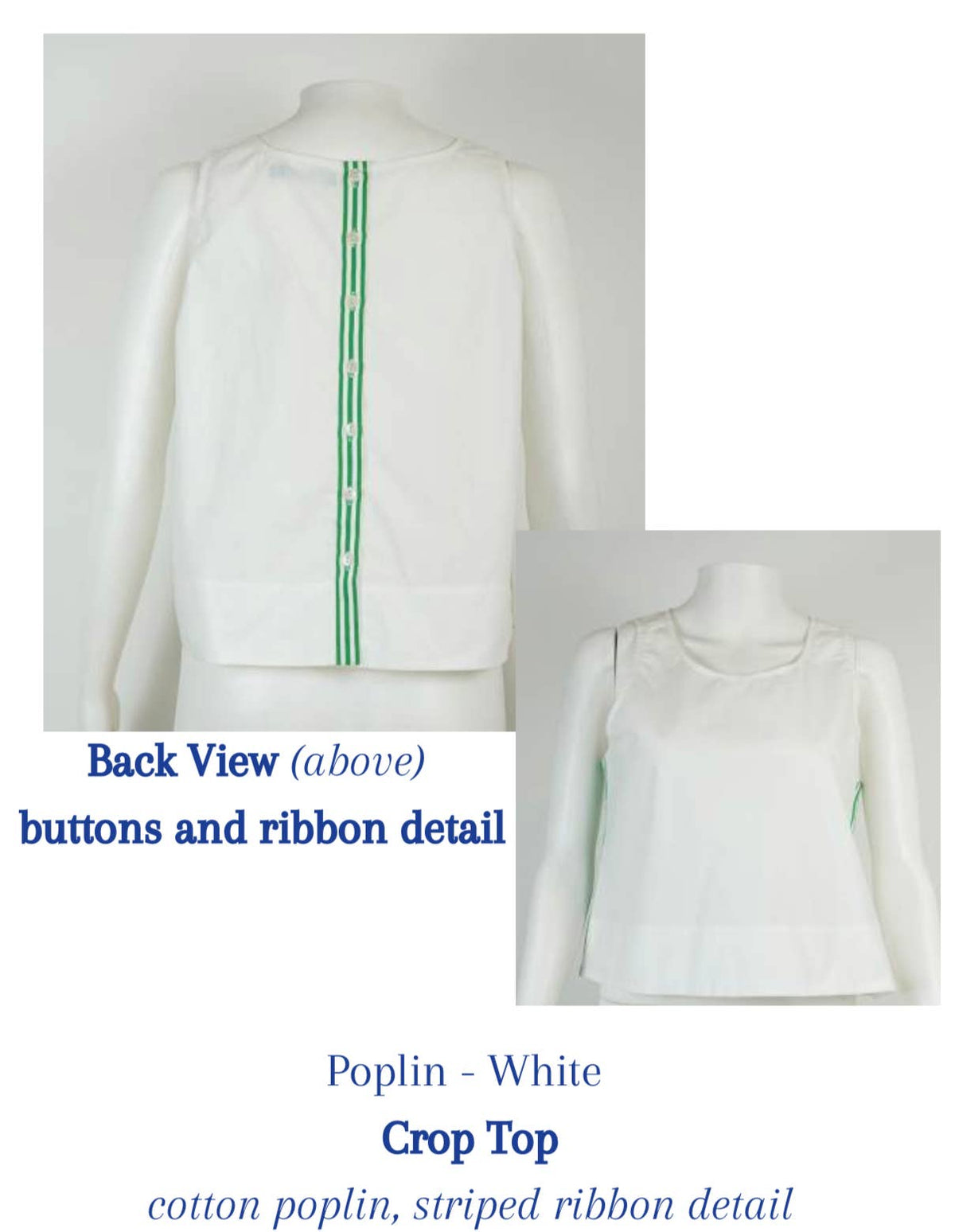 Crop Top - White Poplin with Green and White Stripe Detail