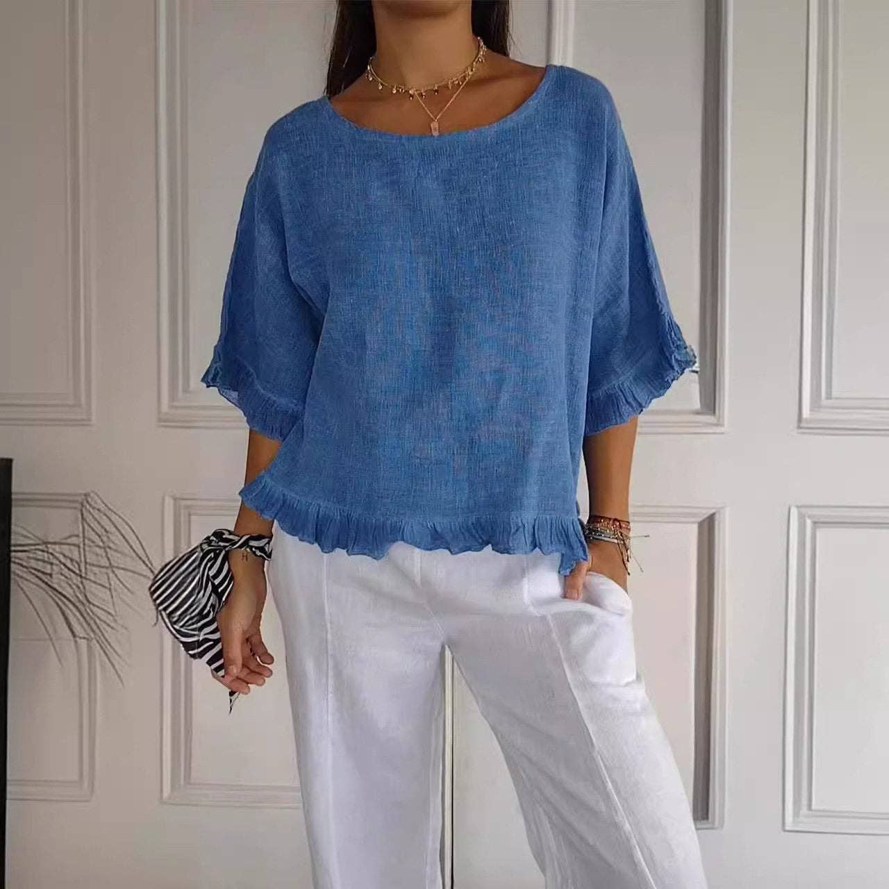 Cotton Linen Short Sleeve Shirt: BLUE / S