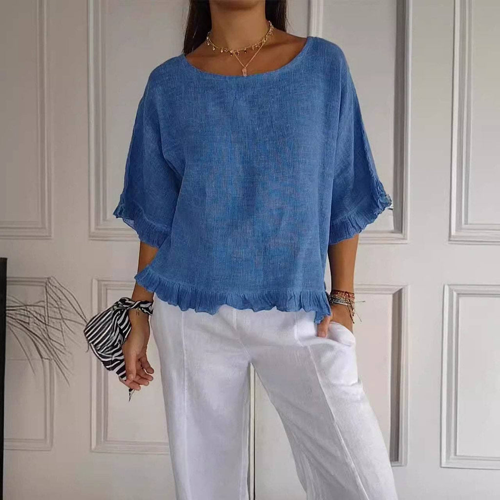 Cotton Linen Short Sleeve Shirt: BLUE / M