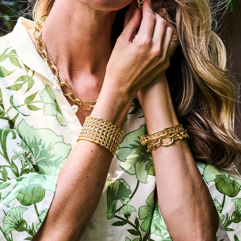 Bangkok Bamboo Link Bracelet, 7.25" - Gold/Green Ename