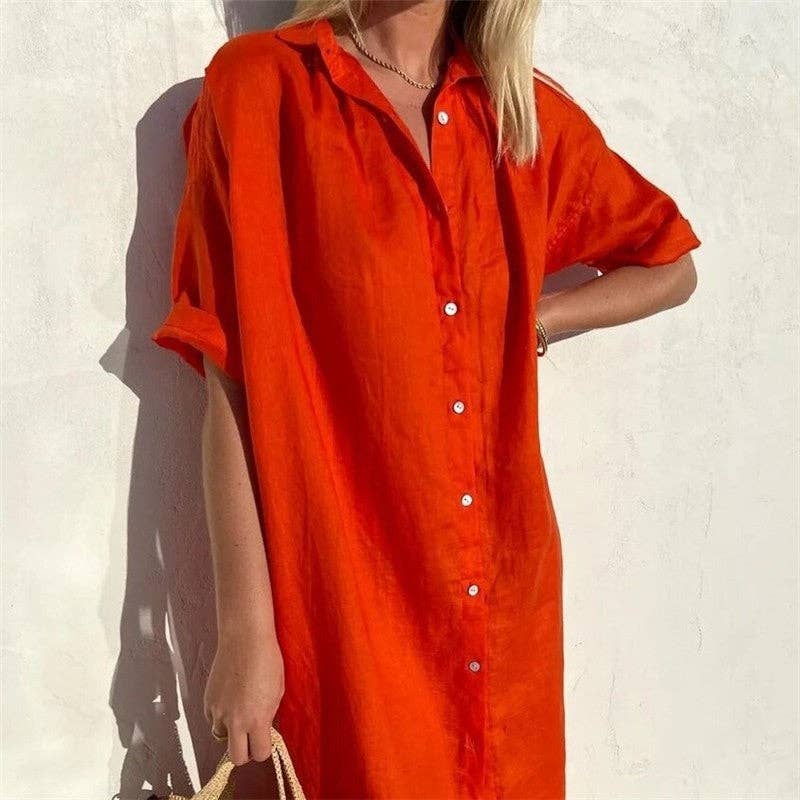 Casual Loose Fit Short Sleeve Shirt Dress In Solid Color: WHITE / XS