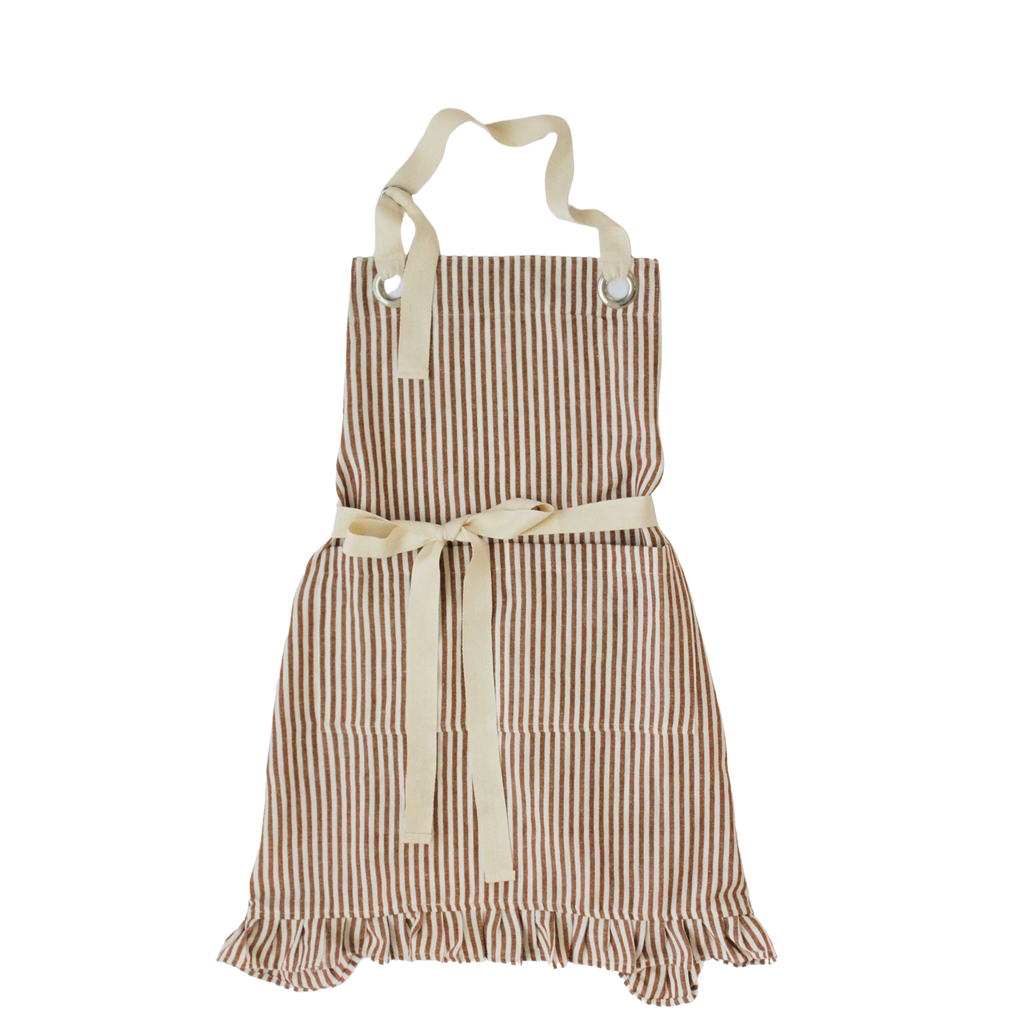 Ruffle Pin Stripe Apron: Tan