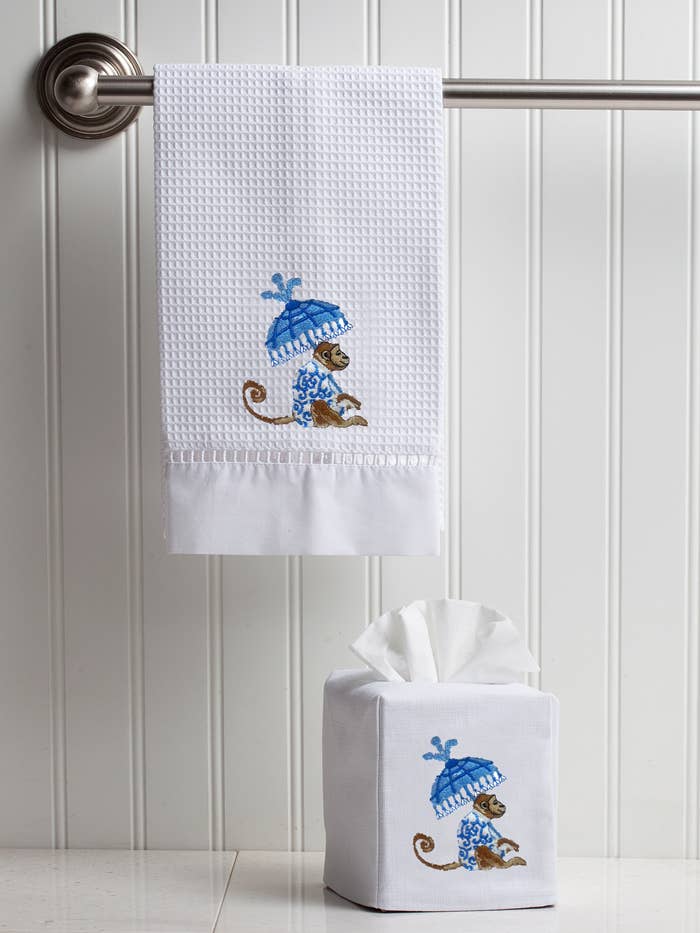 Tissue Box Cover, Linen/Cotton, Embroidered: Monkey & Umbrella (Blue)
