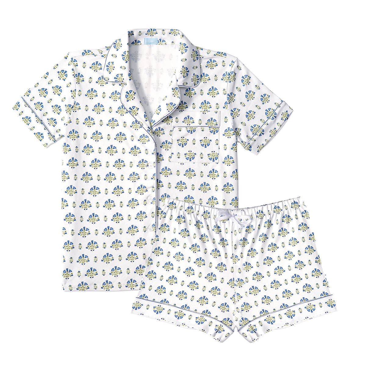 Lyre Flower Block PrintWomen’s Button Front Short Pajama Set: Lyre Flower Block - Green / L