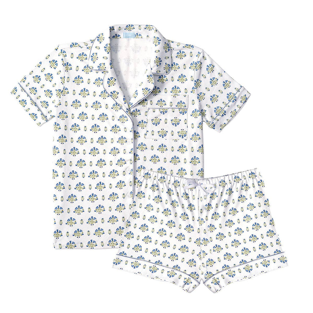 Lyre Flower Block PrintWomen’s Button Front Short Pajama Set: Lyre Flower Block - Green / S