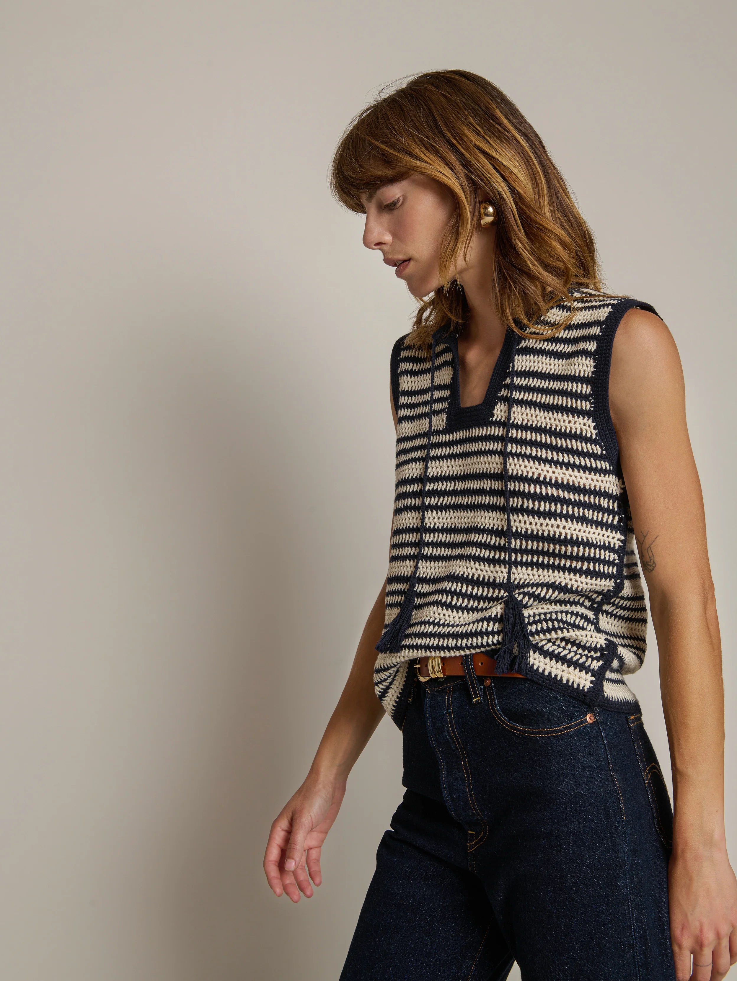 Priscilla Crochet Tank Navy Stripe