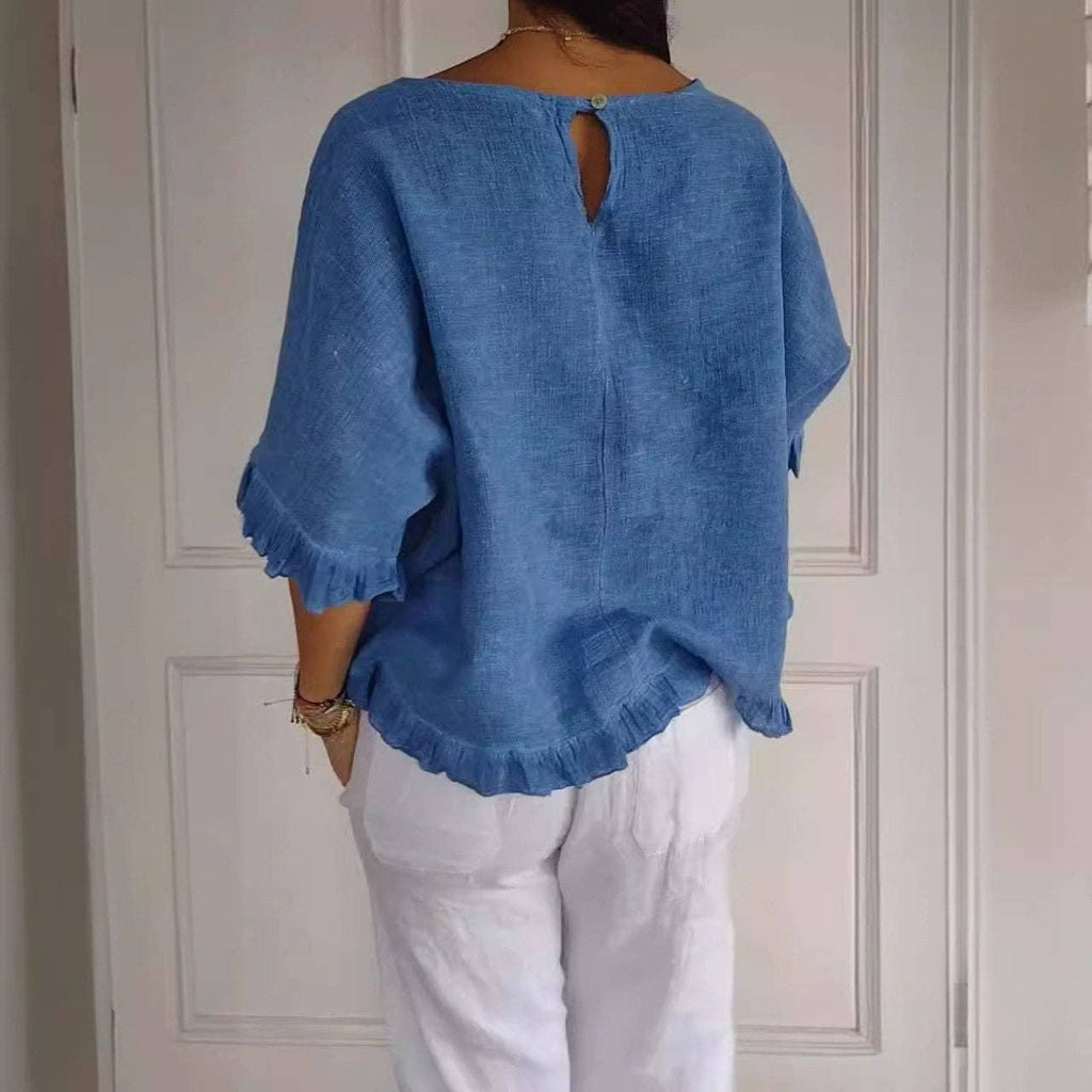 Cotton Linen Short Sleeve Shirt: BLUE / S