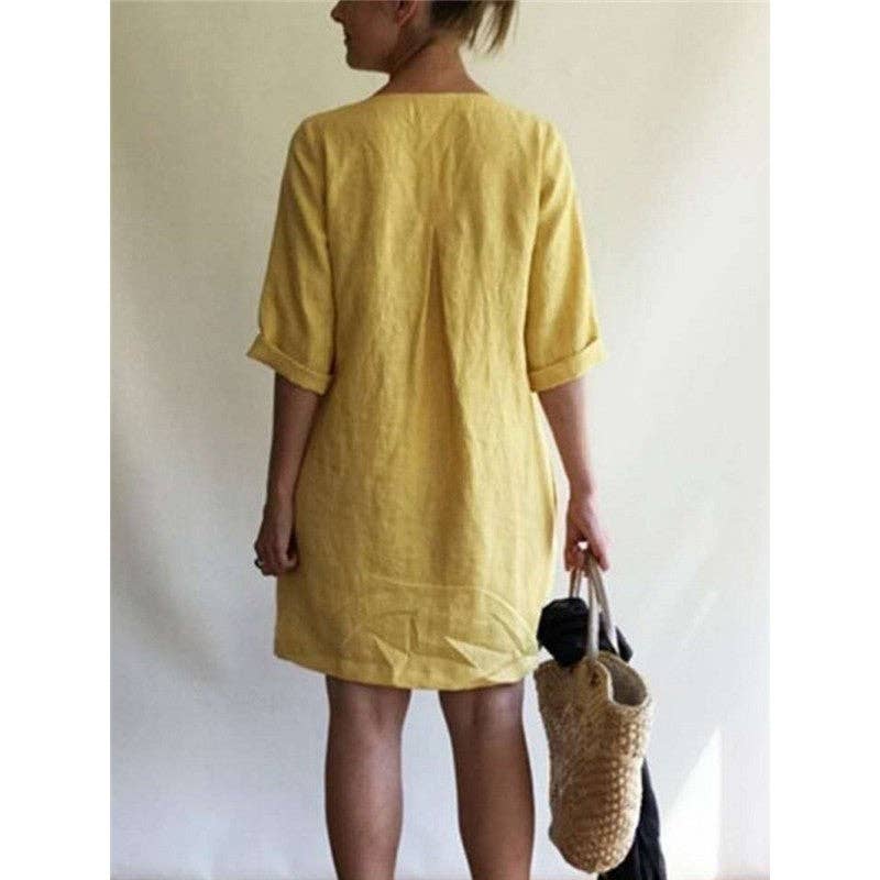 Casual Loose V-Neck Solid Color Dress: BLACK / M