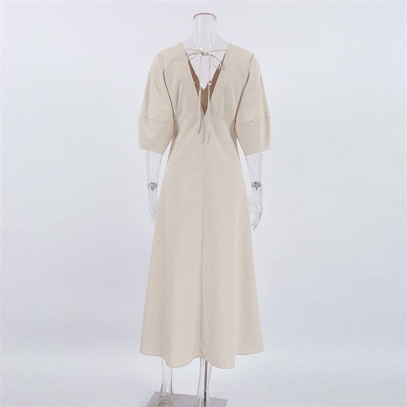 Casual Loose V-Neck Bubble Sleeve Maxi Dress: CREAMY / S