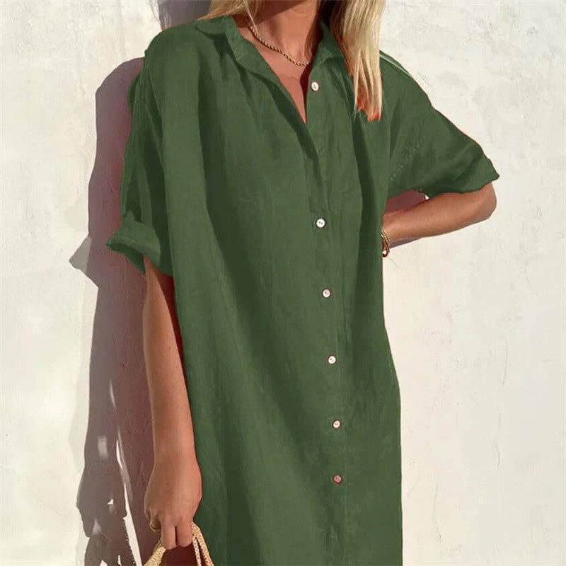 Casual Loose Fit Short Sleeve Shirt Dress In Solid Color: WHITE / XS