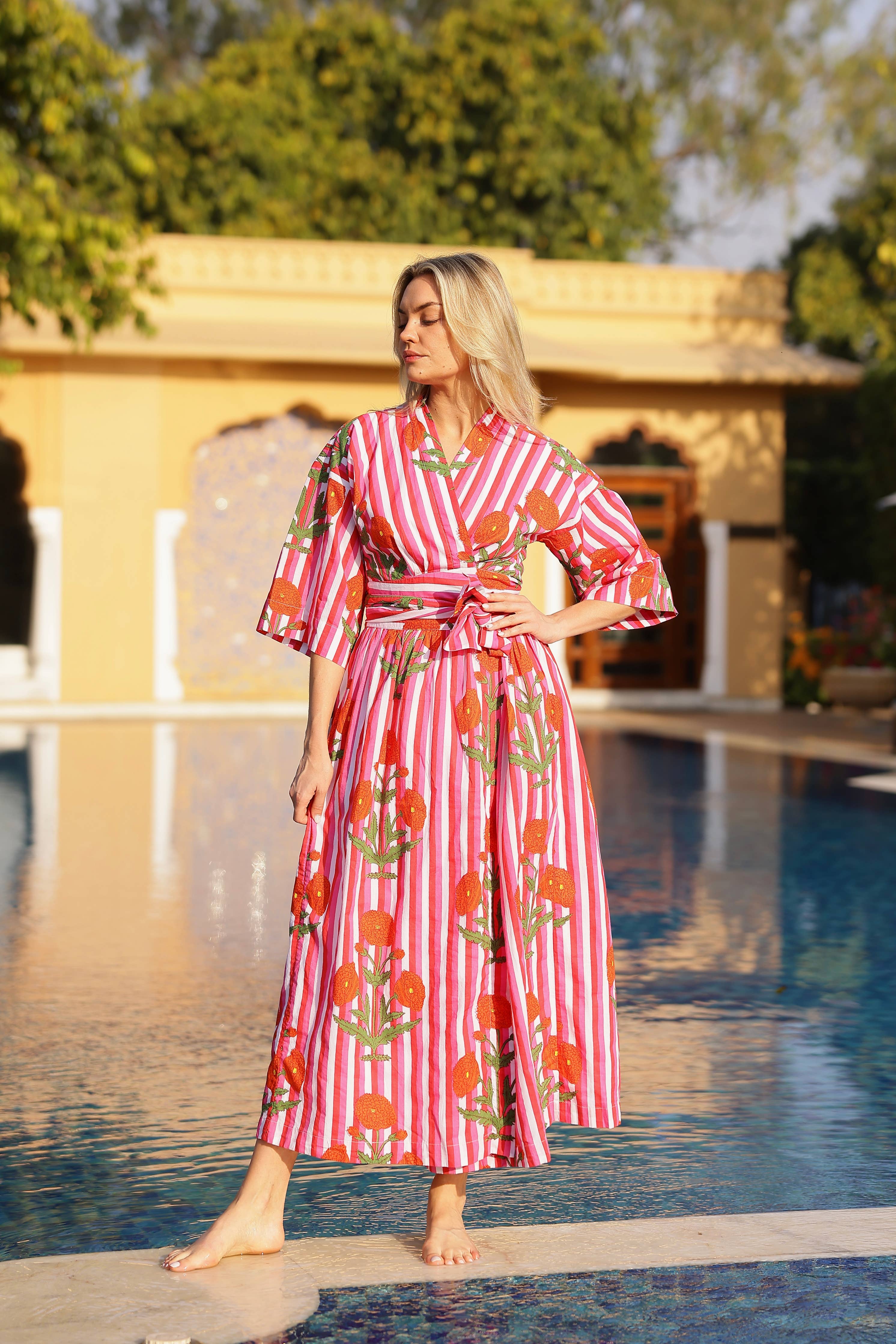 Como Wrap Dress Red/Pink Stripe: S