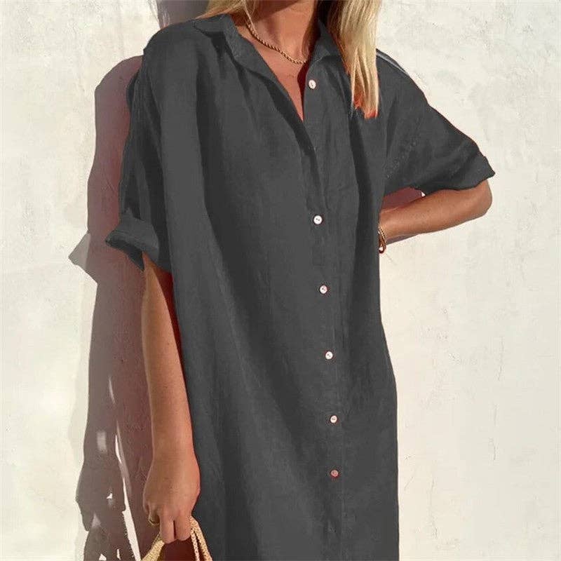Casual Loose Fit Short Sleeve Shirt Dress In Solid Color: WHITE / XS