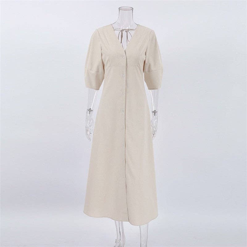 Casual Loose V-Neck Bubble Sleeve Maxi Dress: CREAMY / S