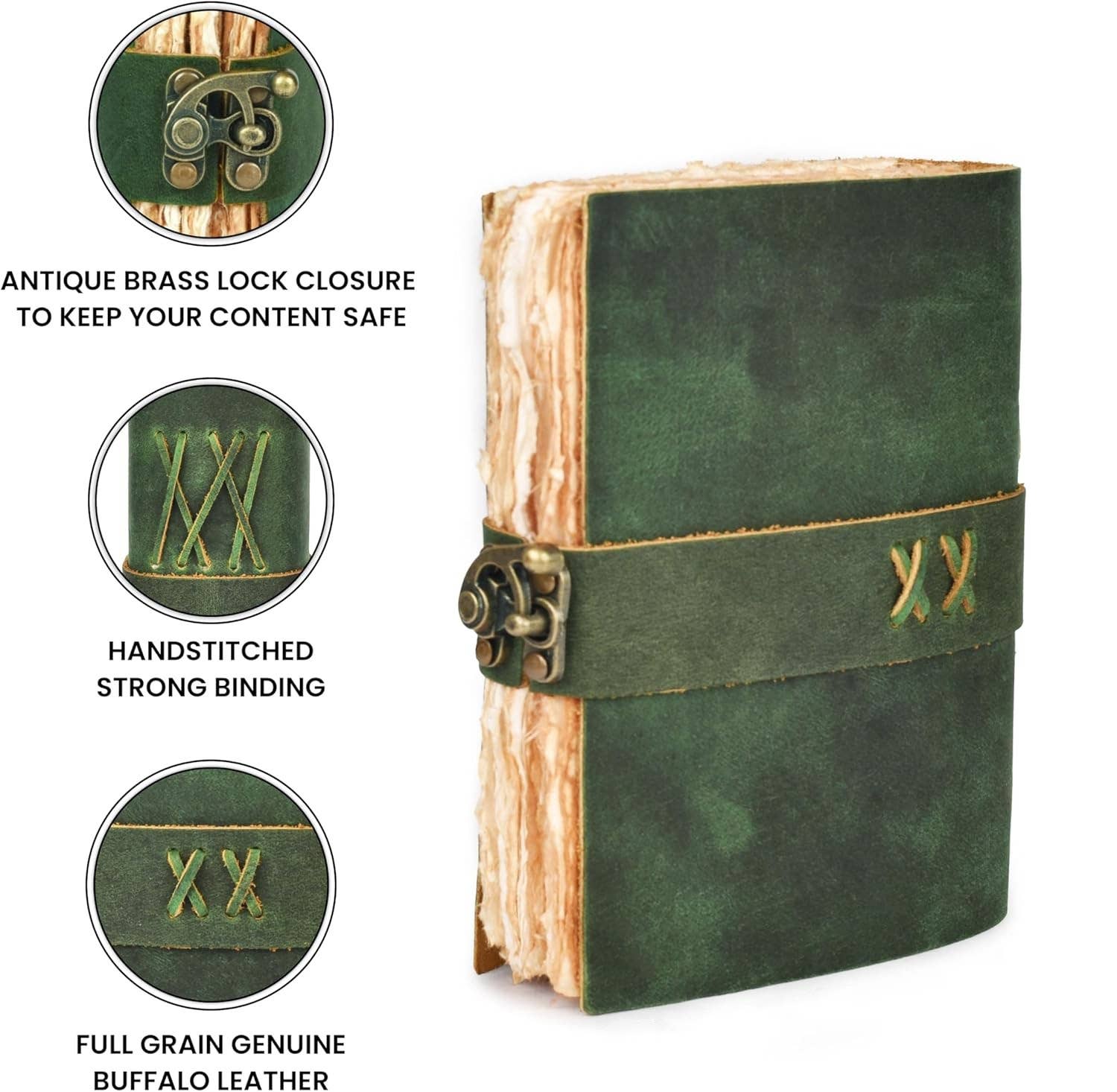 Handmade Leather Journal with C-Lock Unlined Deckle: Green / 7 x 5 Inches