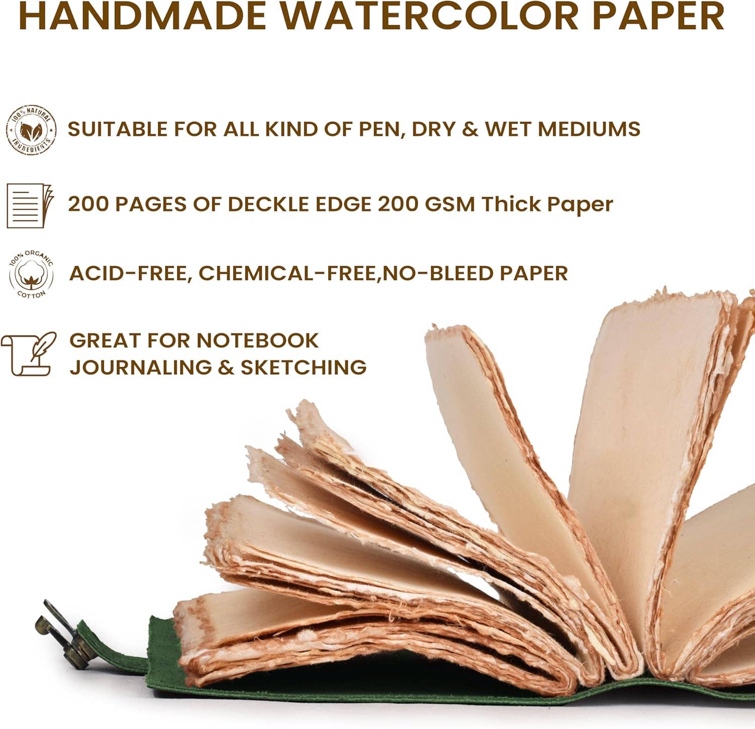 Handmade Leather Journal with C-Lock Unlined Deckle: Brown / 7 x 5 Inches