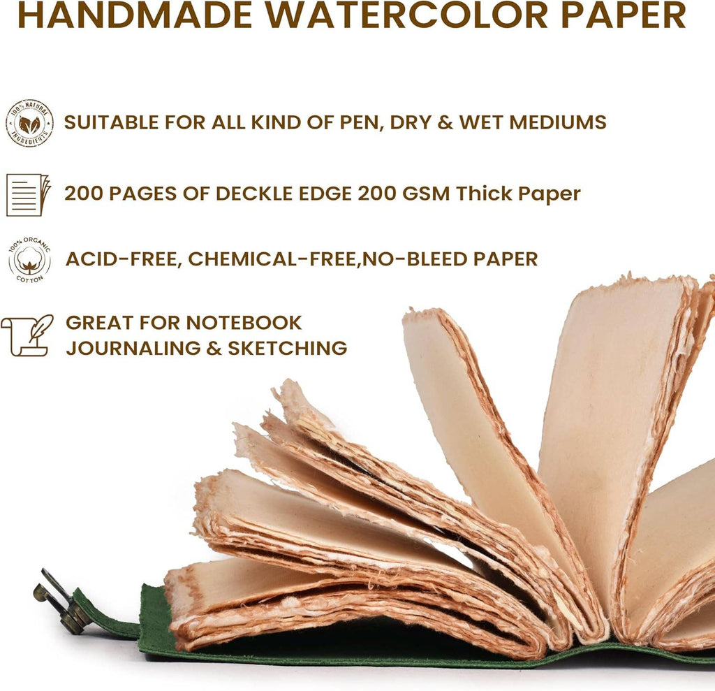 Handmade Leather Journal with C-Lock Unlined Deckle: Green / 7 x 5 Inches