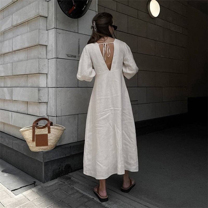 Casual Loose V-Neck Bubble Sleeve Maxi Dress: CREAMY / S