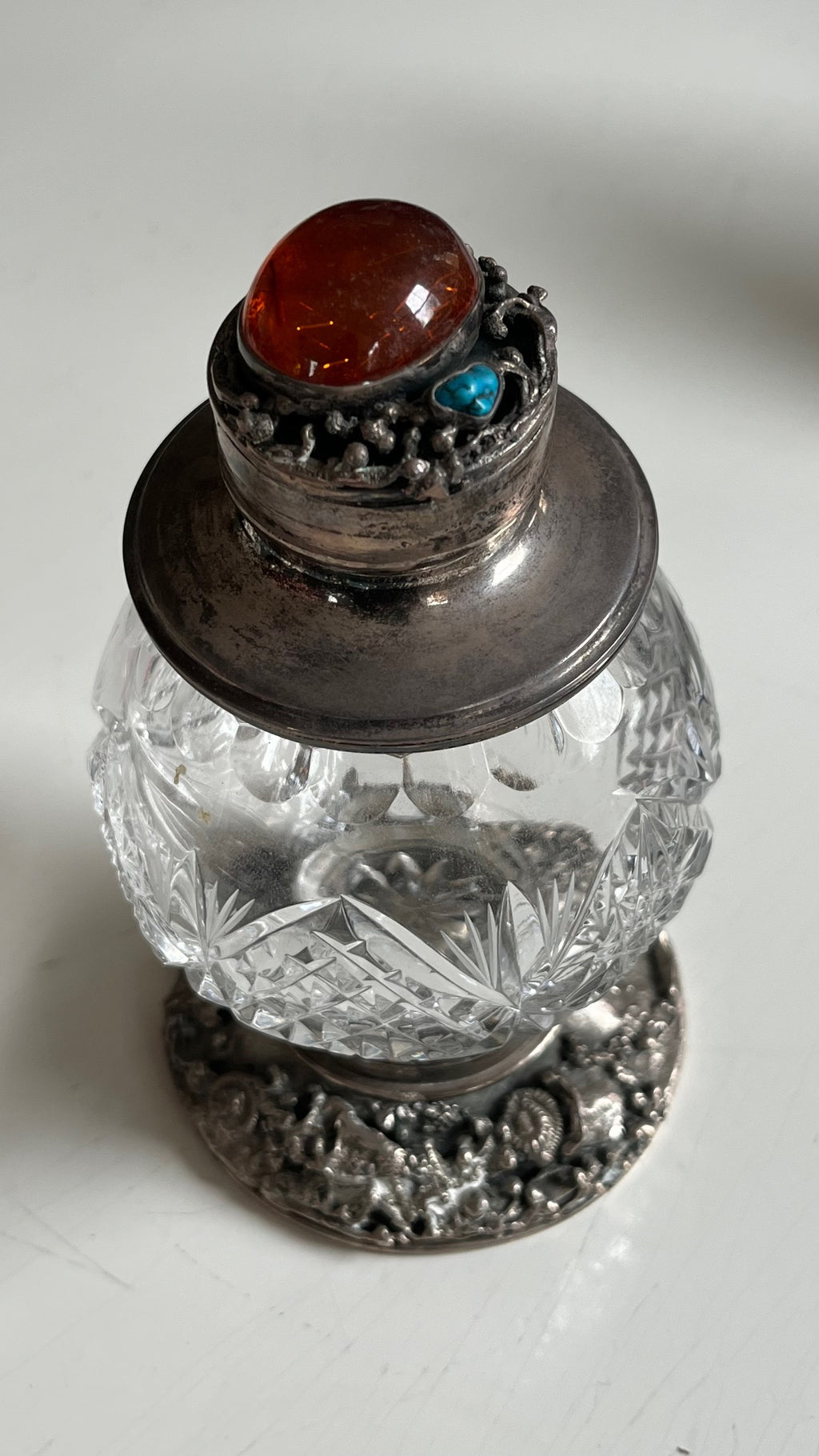 Russian Glass and Sterling Jar with Amber and Turquoise
