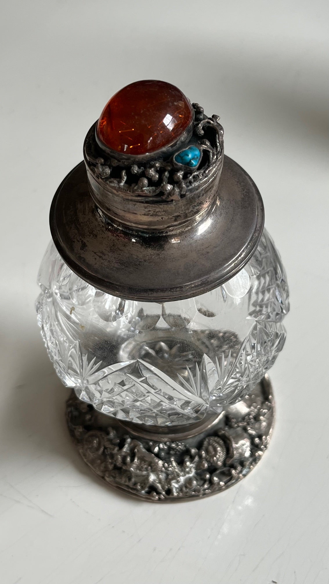 Russian Glass and Sterling Jar with Amber and Turquoise