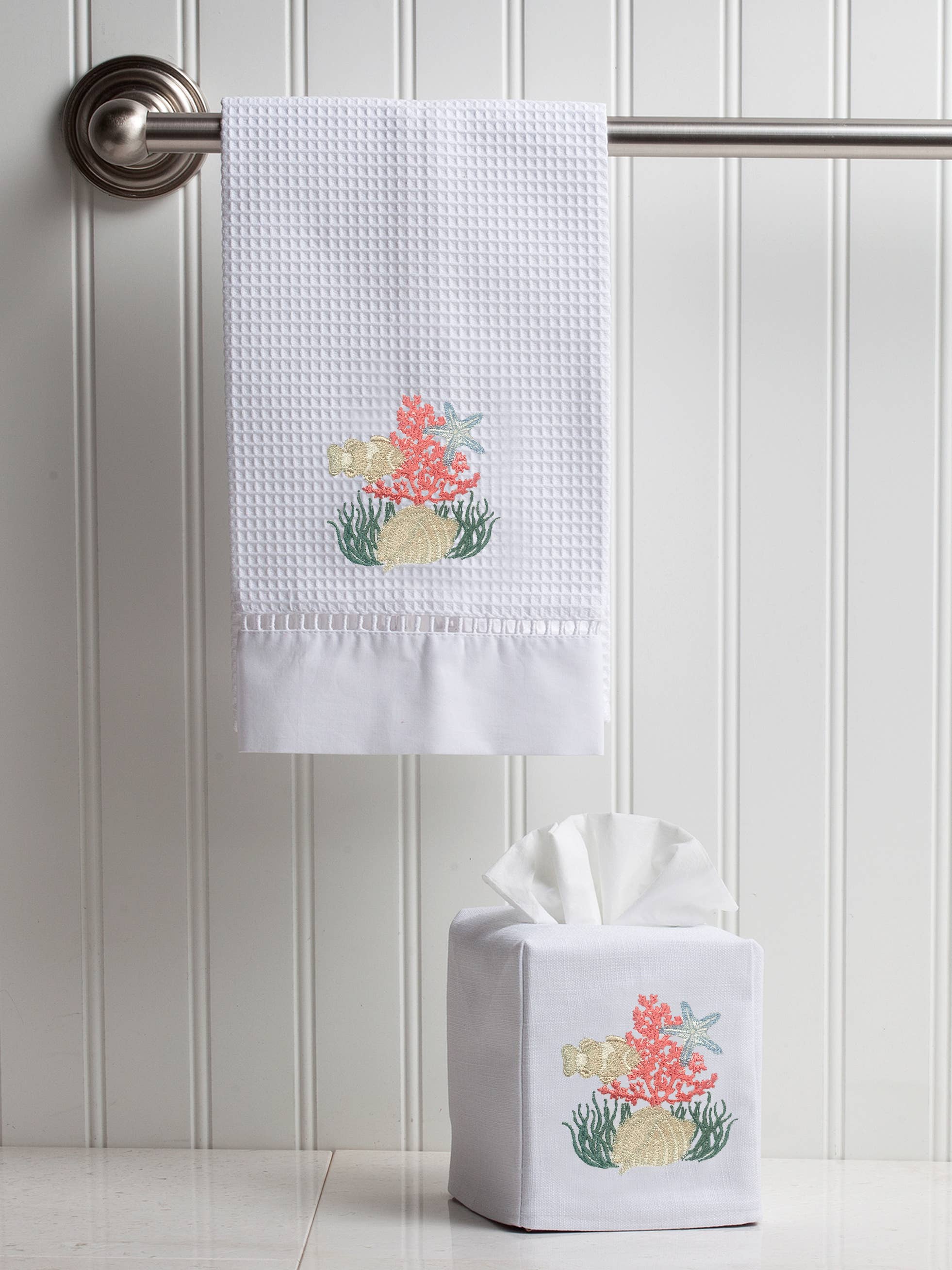 Tissue Box Cover, Linen/Cotton, Embroidered: Monkey & Umbrella (Blue)