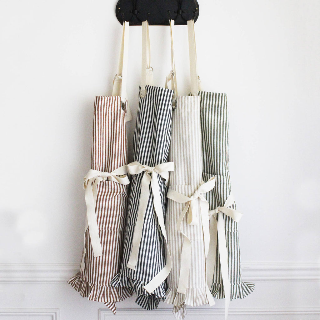 Ruffle Pin Stripe Apron: Tan