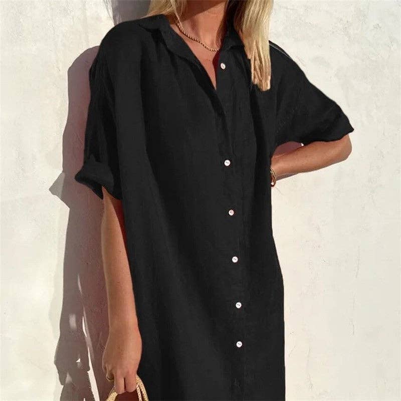 Casual Loose Fit Short Sleeve Shirt Dress In Solid Color: WHITE / XS