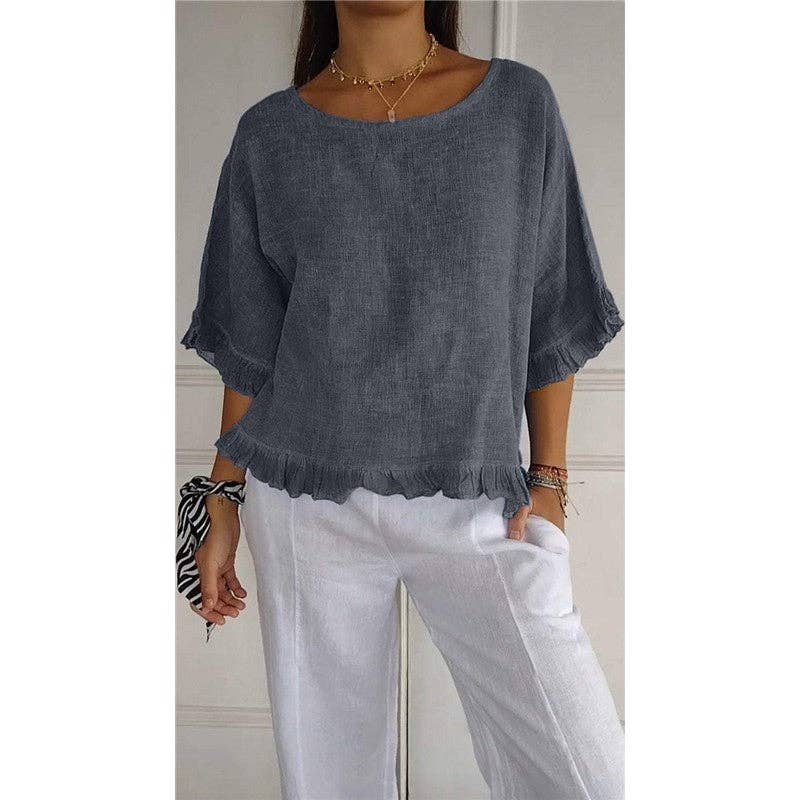 Cotton Linen Short Sleeve Shirt: BLUE / M