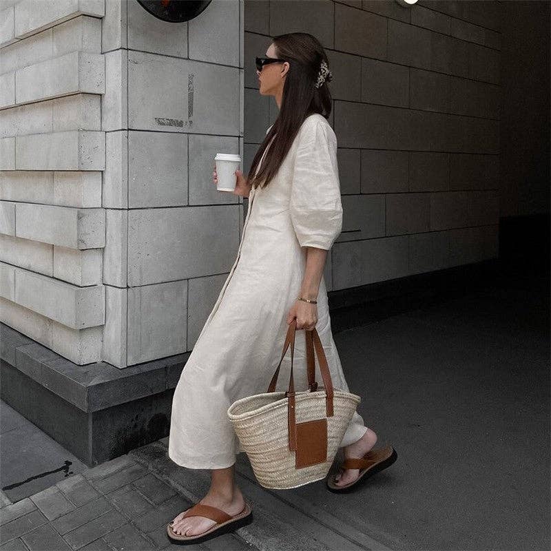 Casual Loose V-Neck Bubble Sleeve Maxi Dress: CREAMY / S